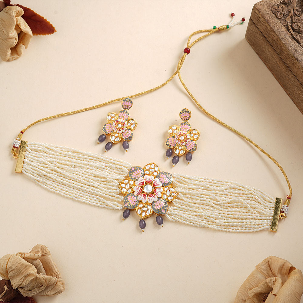 Liyana- Stone studded Neckpiece set(Gray)