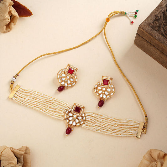 Veha- Stone studded Neckpiece set(Red)