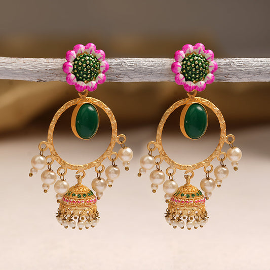 Laila- Stone Studded Hnaging Pearl Jhumki Earrings(Green)