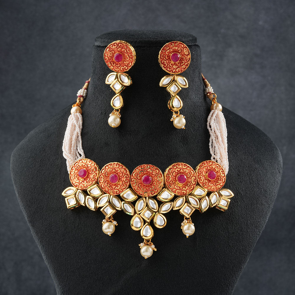 Zerina- Stone studded hanging pearls Neckpiece set