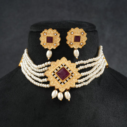 Iyana- Stone studded Neckpiece set(Red)