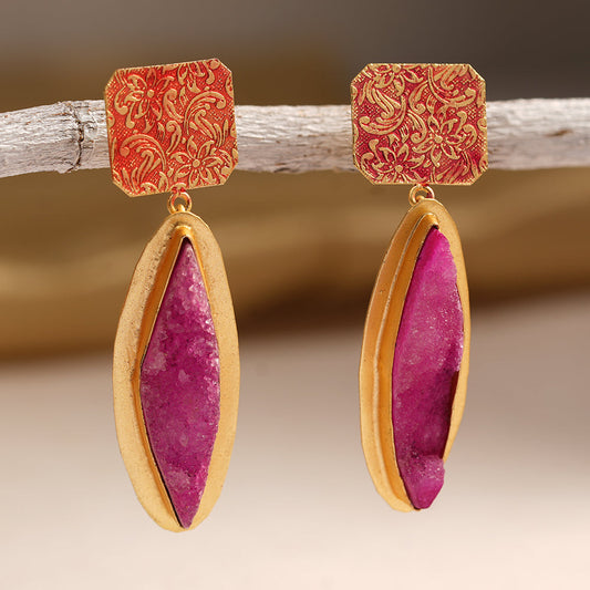 Malini- Unpolished natural stone embedded Dangler Earrings(Pink)