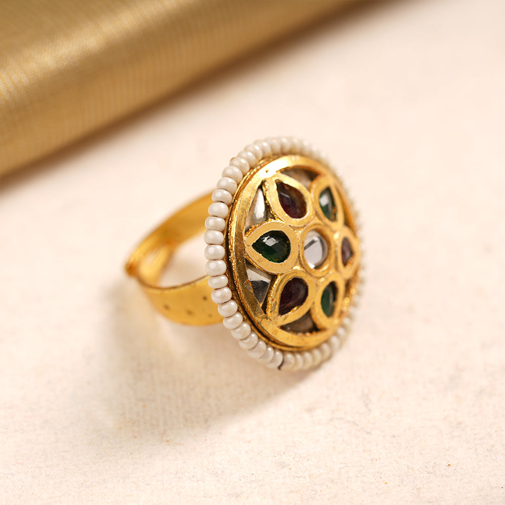 Chandrika- Golden Carved Pearl Framed Adjustable Ring