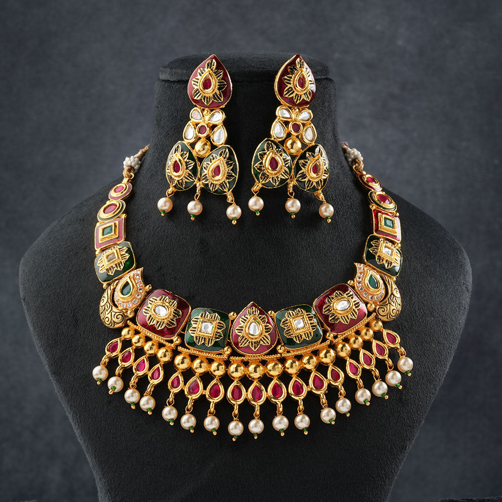 Arzaya- Stone studded hanging pearls Neckpiece set