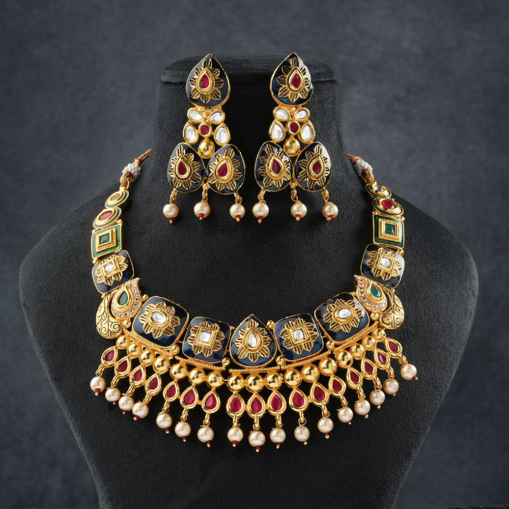 Arzaya- Stone studded hanging pearls Neckpiece set