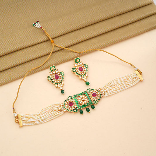 Anaira- Stone studded neckpiece set(Green)