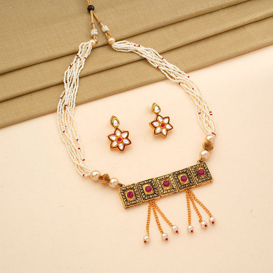 Prisha- Stone studded neckpiece set(Red)