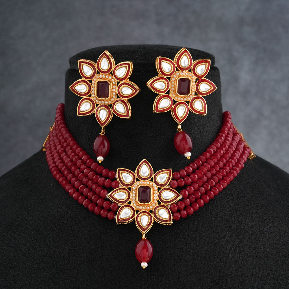 Naiyra- Stone studded hanging pearls Neckpiece set (Red)