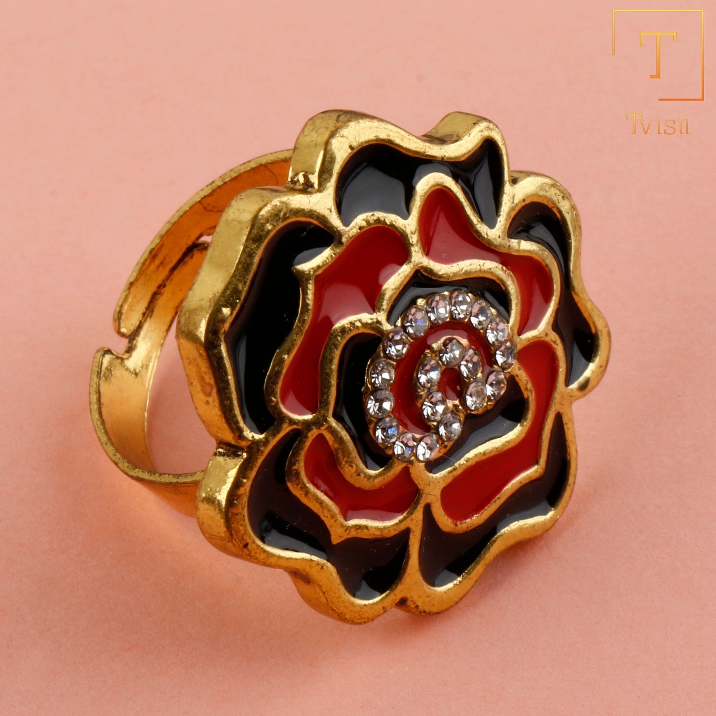 Abhira-Golden Framed Adjustable Ring(Multicolor- Red and Black)