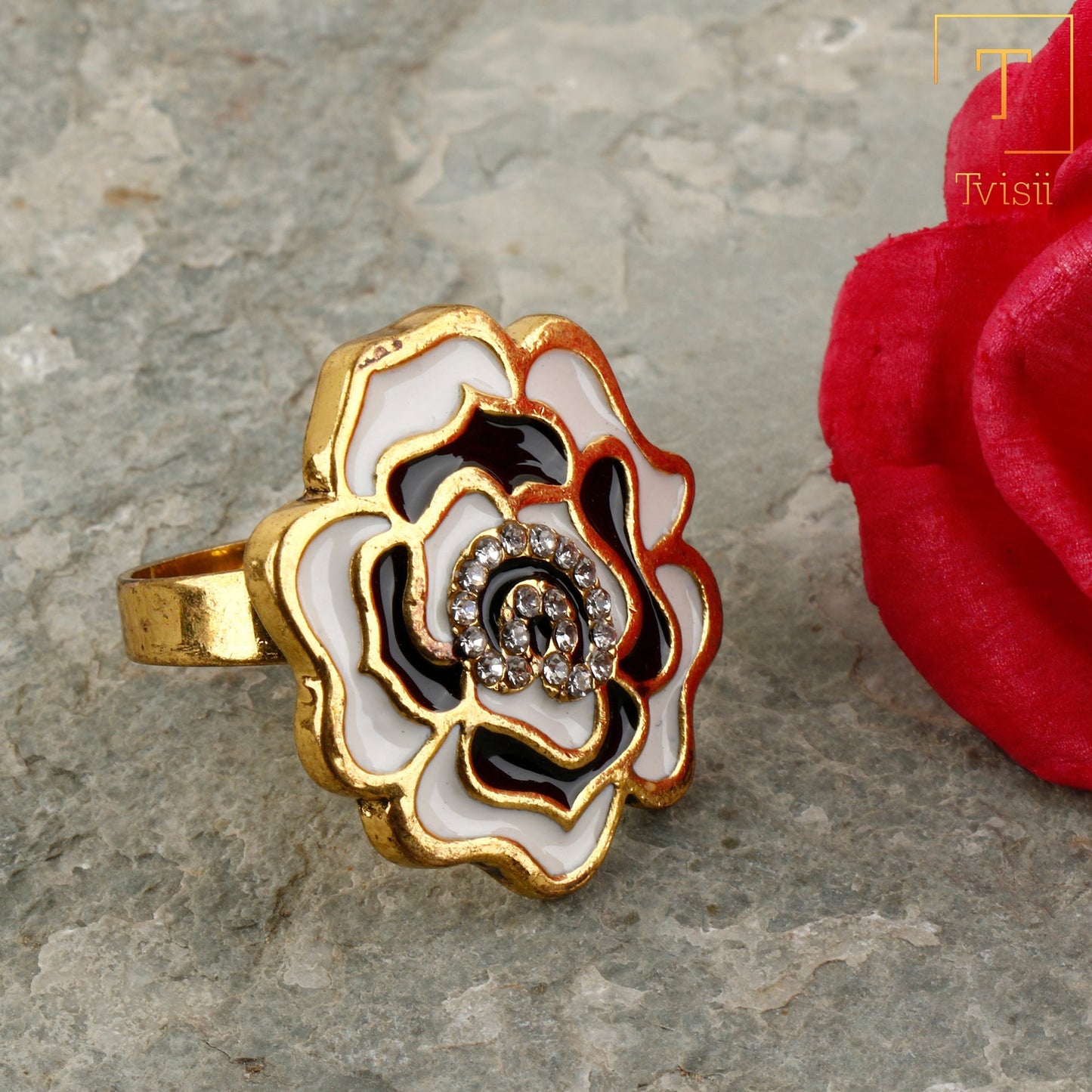 Abhira-Golden Framed Adjustable Ring(Multicolor- White and Black)