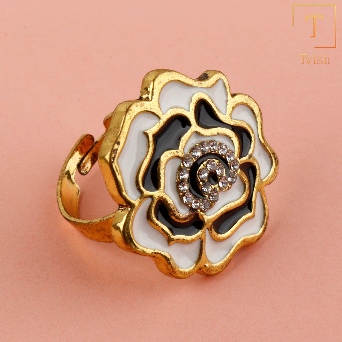 Abhira-Golden Framed Adjustable Ring(Multicolor- White and Black)