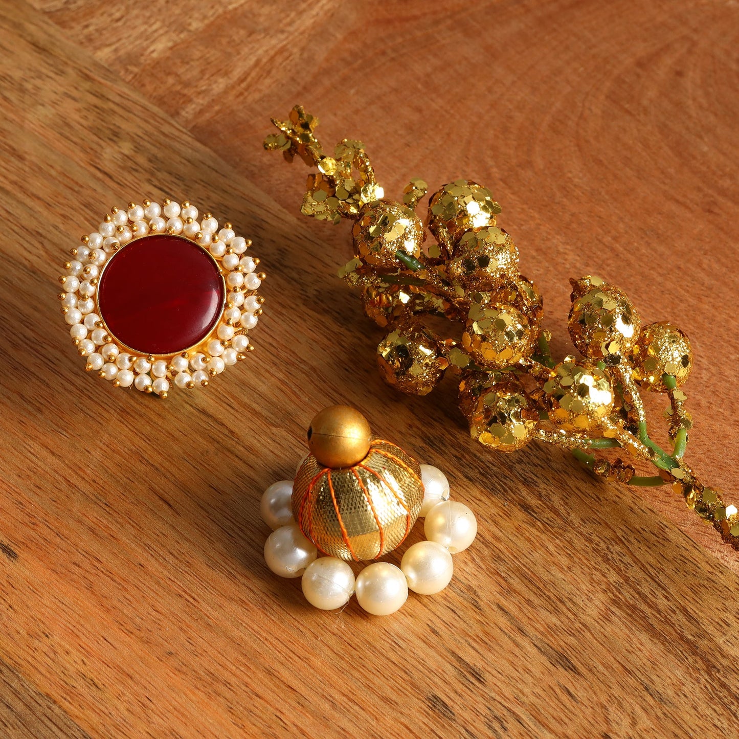 Bhavya- Stone Studded Pearl Framed ring(Red)