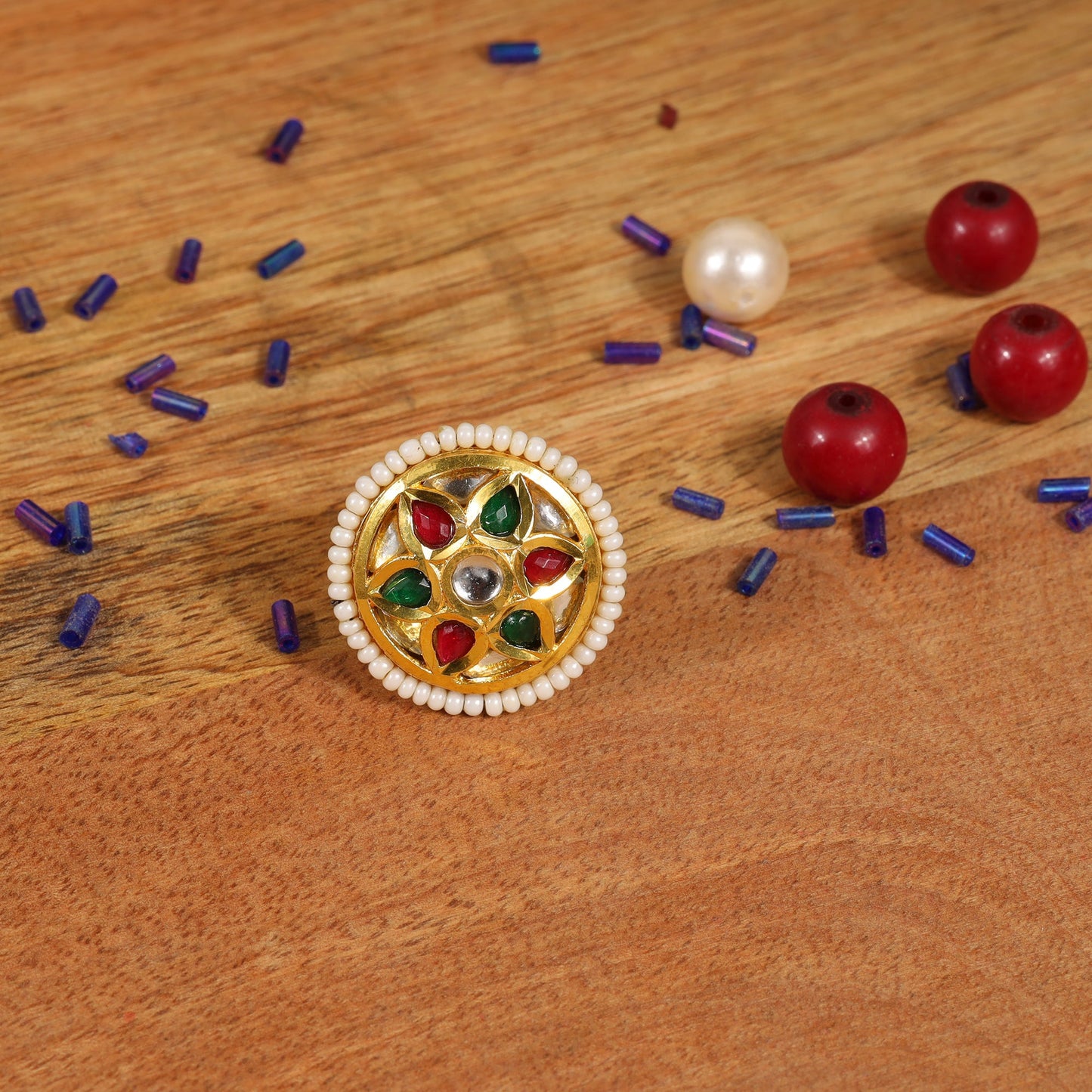Chandrika- Golden Carved Pearl Framed Adjustable Ring