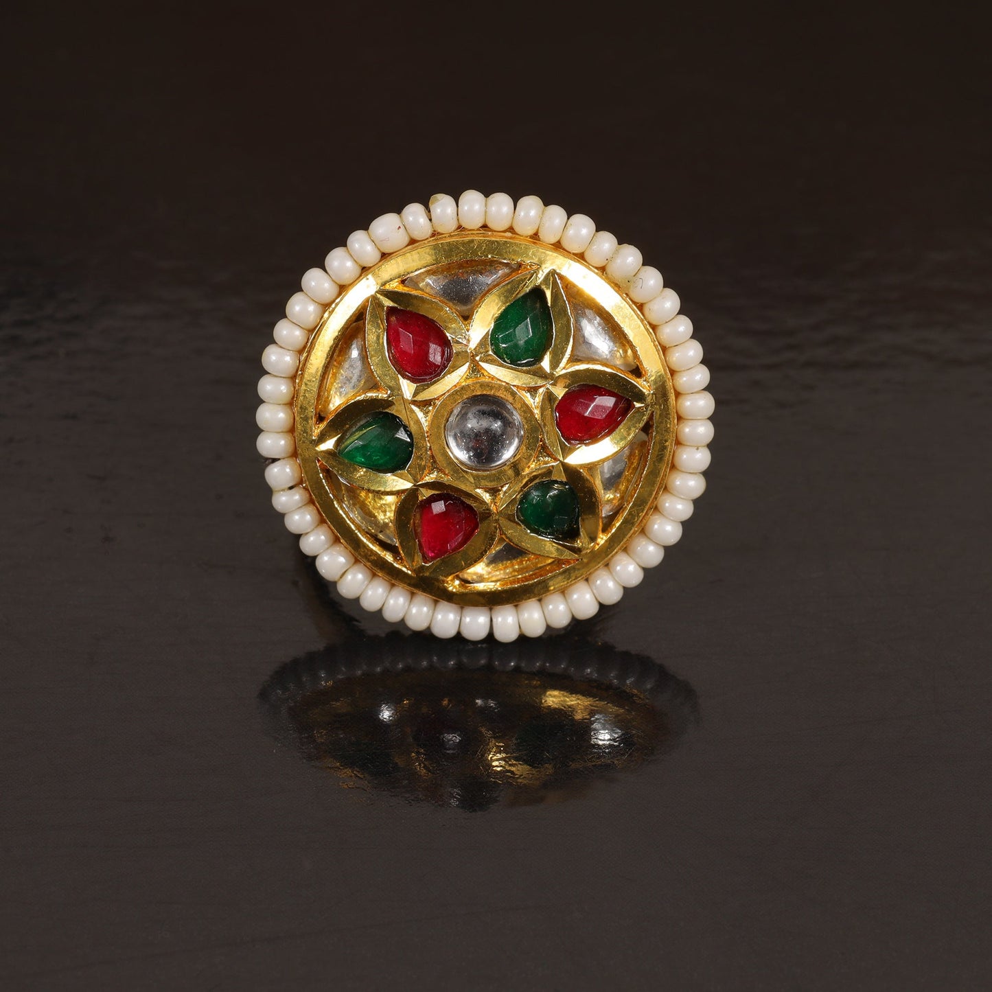 Chandrika- Golden Carved Pearl Framed Adjustable Ring