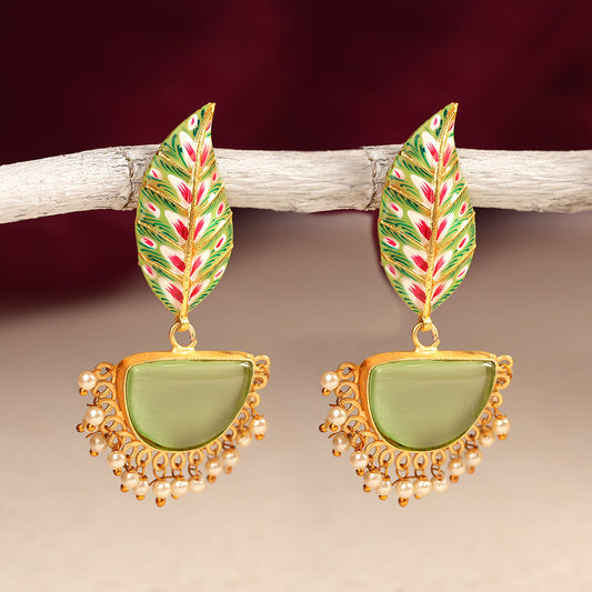 Aashi- Stone Studded Dangler Earrings(Pale Green)