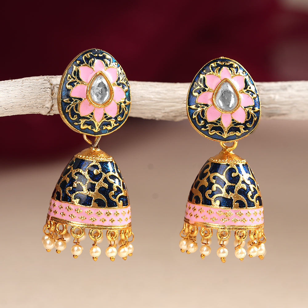Advika- Stone Studded Hanging Pearls Jhumka Earrings(Blue)