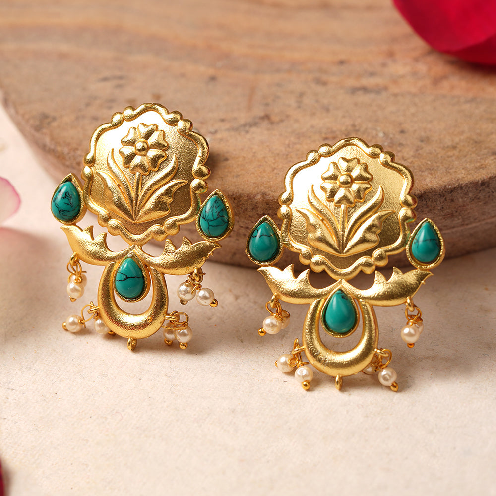 Ritika- Stone Studded Hanging Pearls Dangler Earrings(Green)