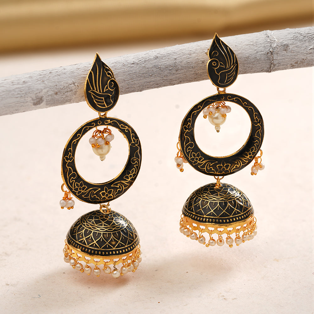 Heer- Stone Studded Hanging Pearl Jhumka Earrings (Black)