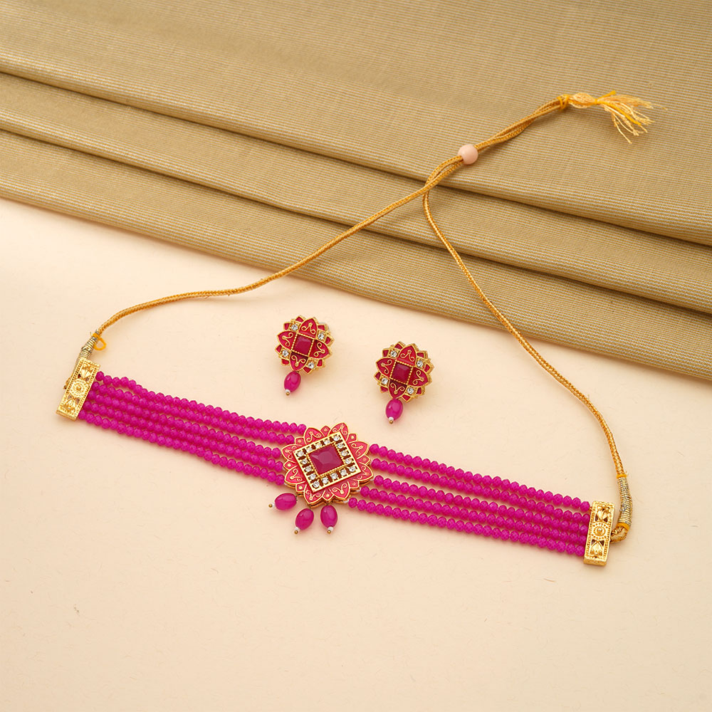 Iyana- Stone studded Neckpiece set(Dark Pink)