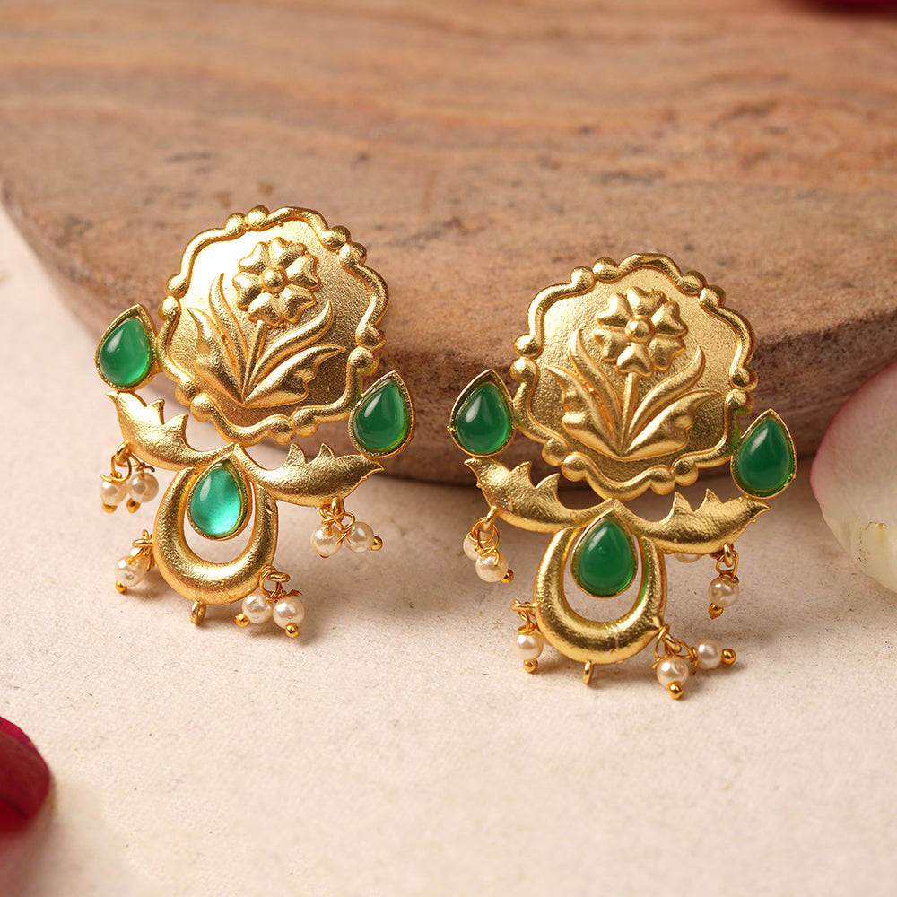 Ritika- Stone Studded Hanging Pearls Dangler Earrings(Dark Green)