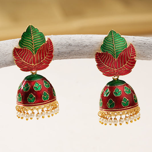 Riva- Hanging Pearls Enameled Jhumka Earrings(Multicolored)