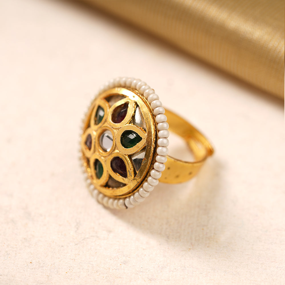 Chandrika- Golden Carved Pearl Framed Adjustable Ring