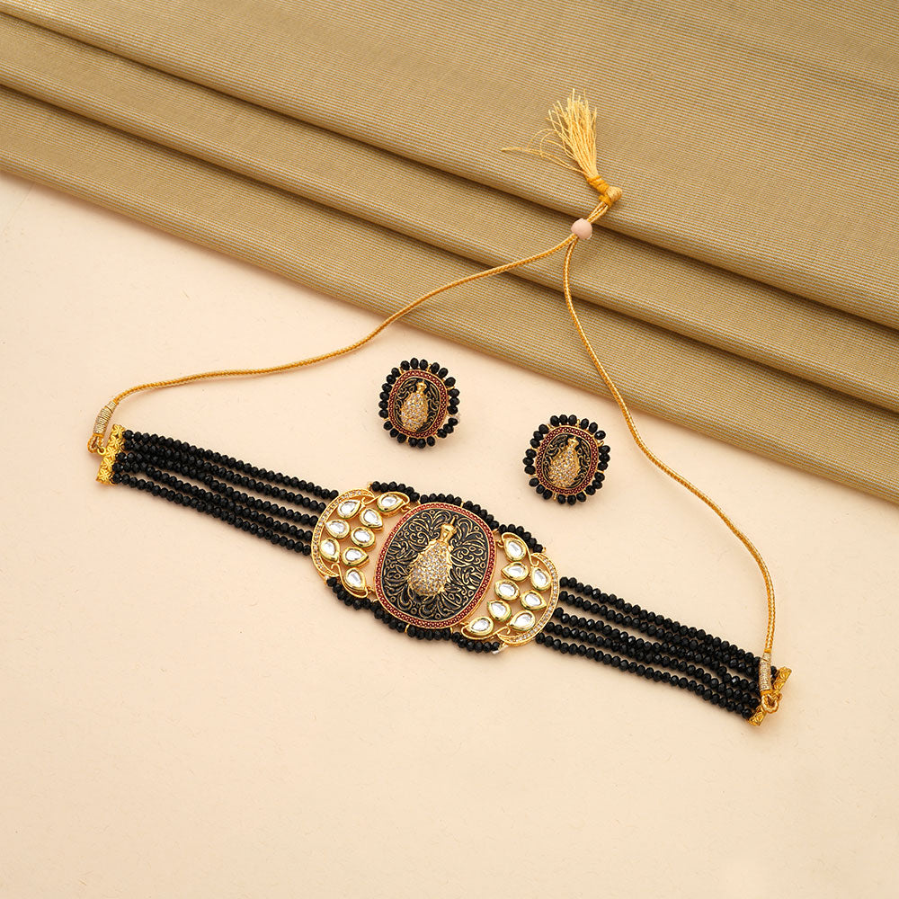 Tanira- Stone studded neckpiece set(Black)