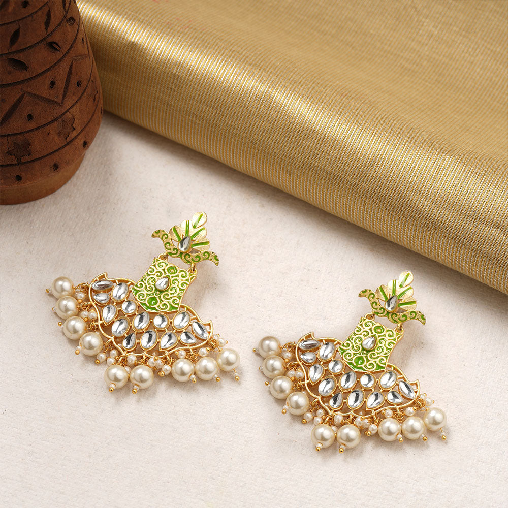 Tara- Stone Studded Hanginh Pearl Dangler earrings(Green)