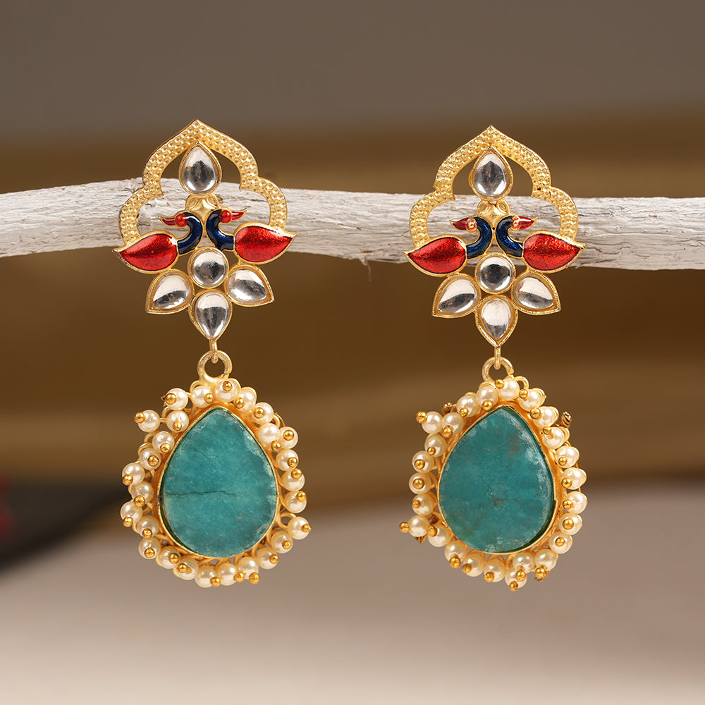 Anvi- Stone Studded Pearl Framed Dangler Earring(Blue)