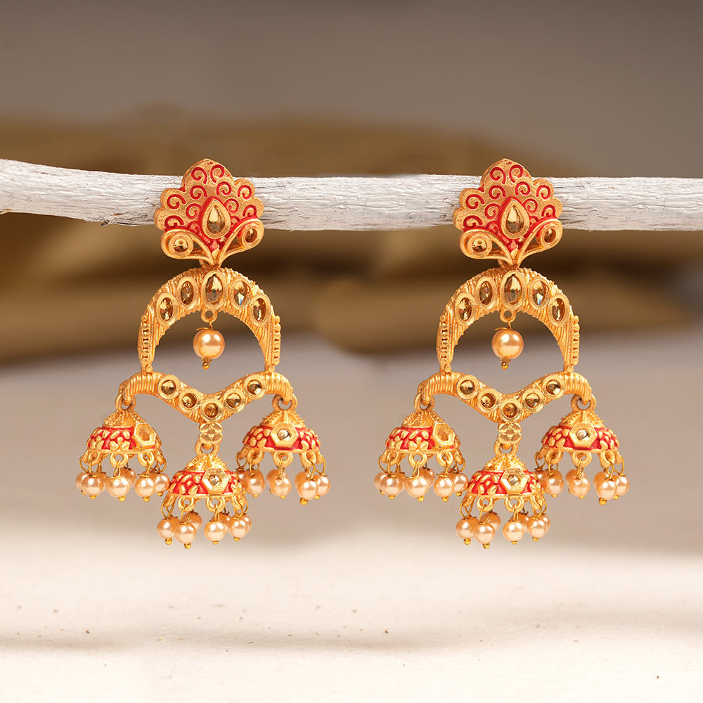 Hamsika- Stone Studded Hanging Pearl Dangler Earrings(Red)