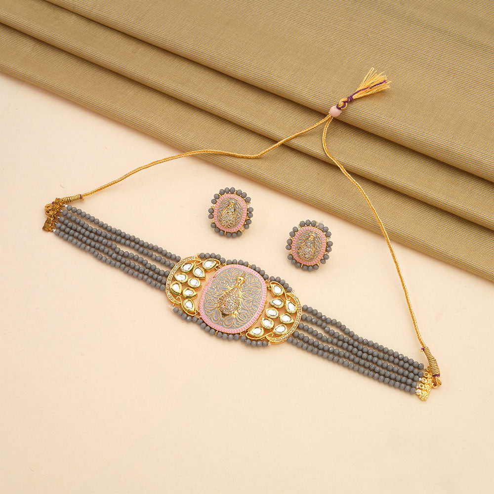 Tanira- Stone studded neckpiece set(Gray)