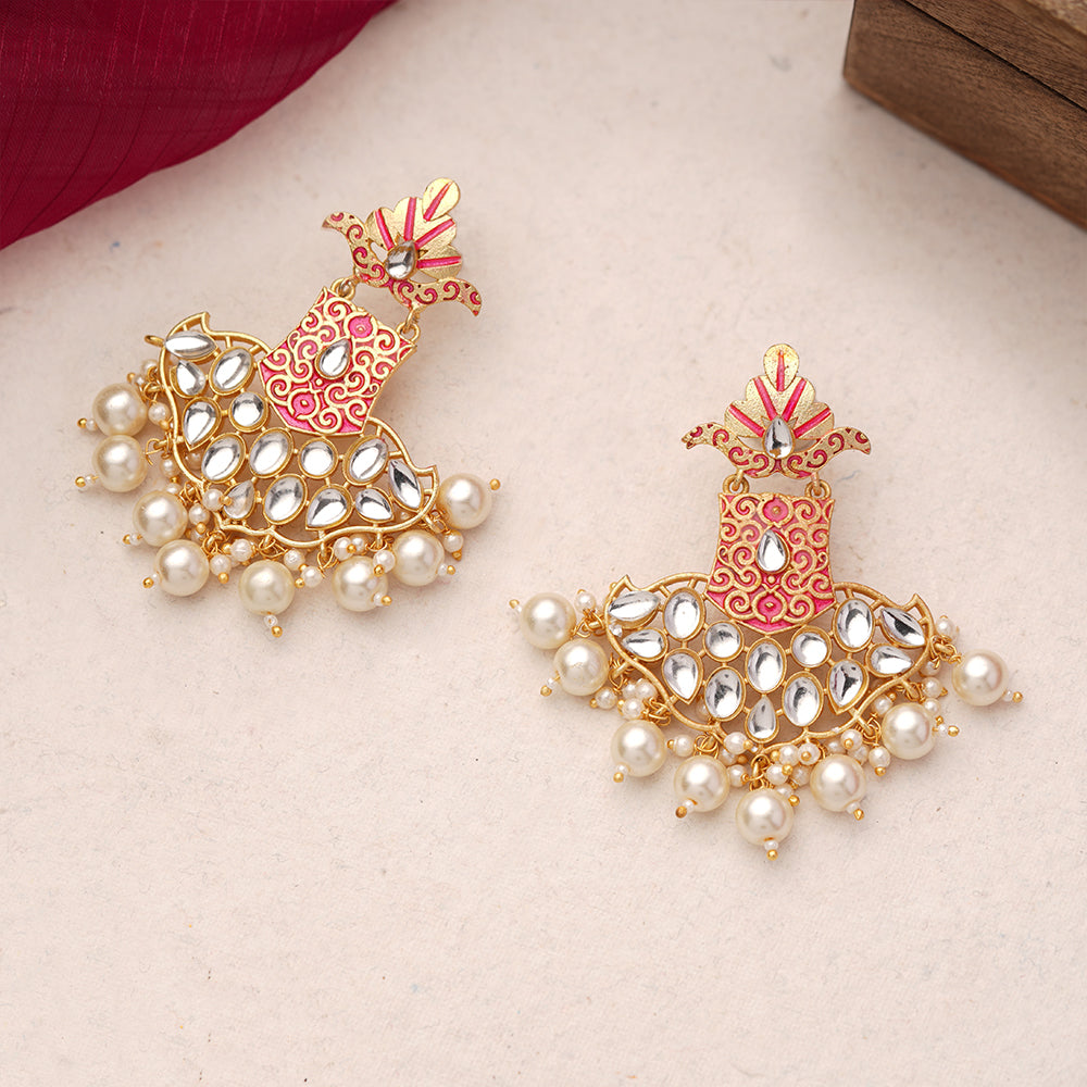 Tara- Stone Studded Hanginh Pearl Dangler earrings(Red)