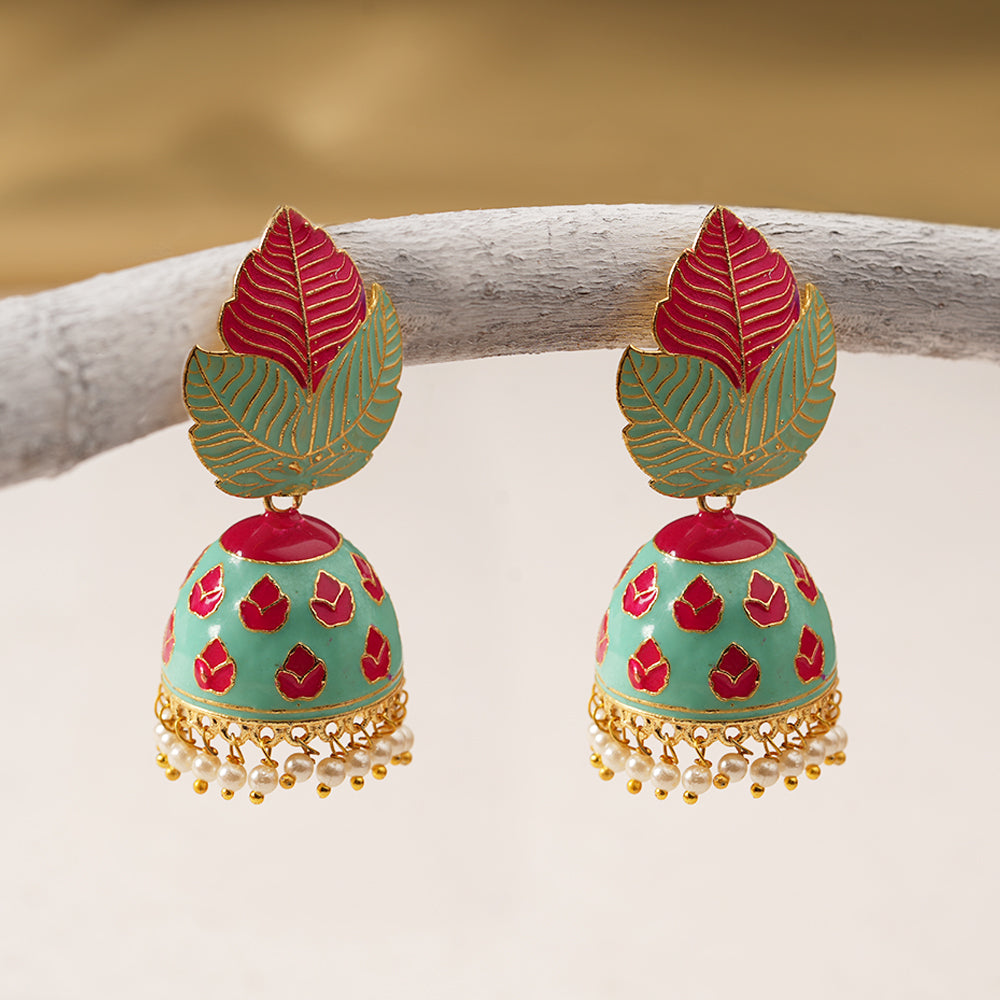 Riva- Hanging Pearls Enameled Jhumka Earrings(Multicolored)
