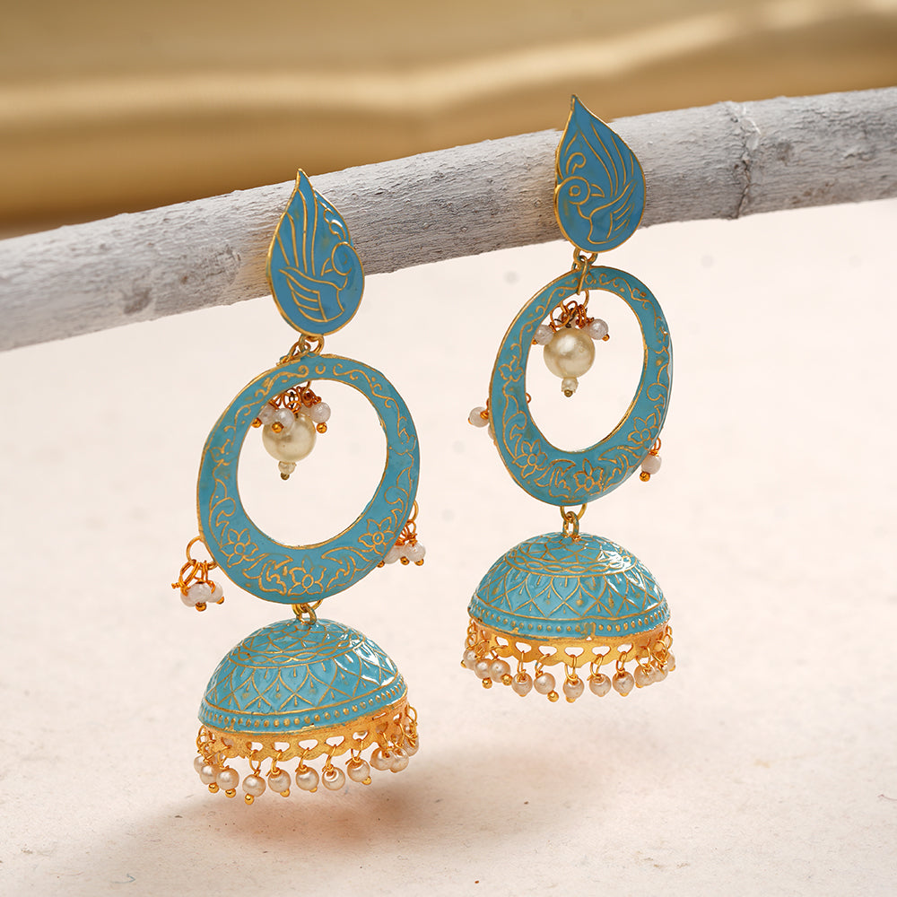 Heer- Stone Studded Hanging Pearl Jhumka Earrings (Sky Blue)