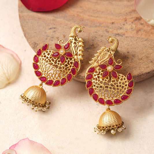 Prisha- Stone Studded Hanging Pearl Jhumki Earrings(Dark Red)