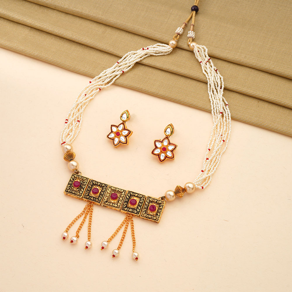 Prisha- Stone studded neckpiece set(Red)