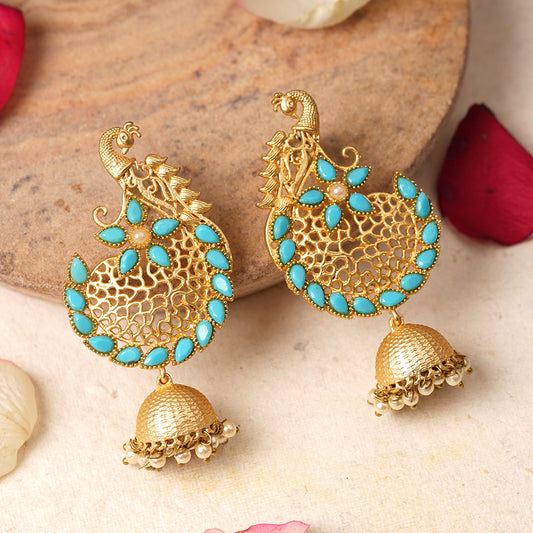 Prisha- Stone Studded Hanging Pearl Jhumki Earrings(Yellow)