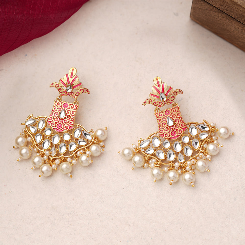 Tara- Stone Studded Hanginh Pearl Dangler earrings(Red)