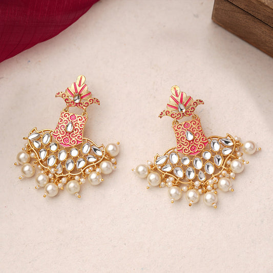 Tara- Stone Studded Hanginh Pearl Dangler earrings(Red)