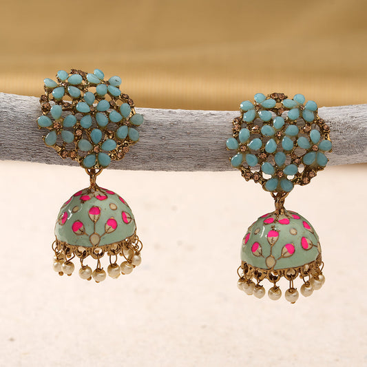 Heeya- Stone Studded Hanging Pearl Jhumka Earrings(Sky Blue)