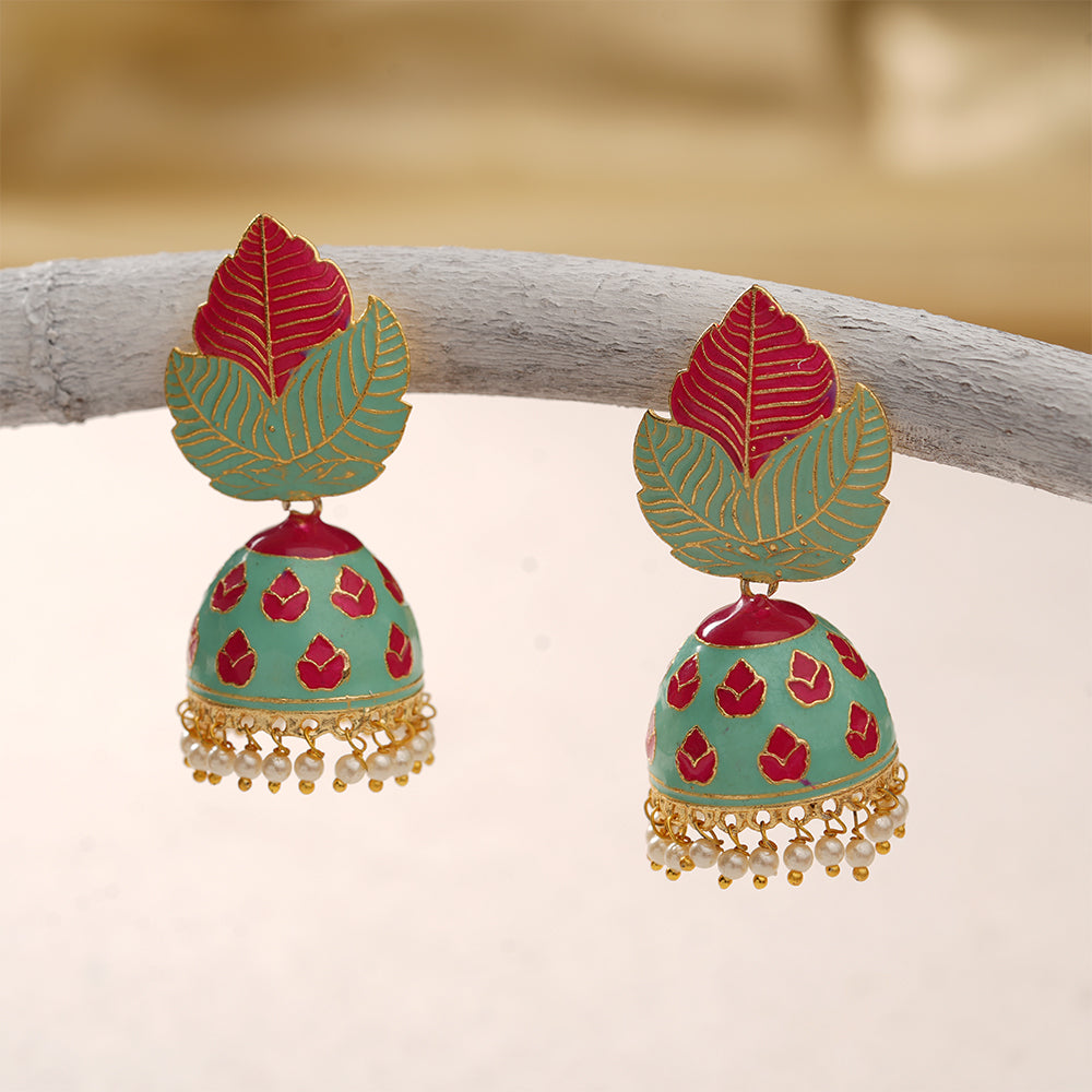 Riva- Hanging Pearls Enameled Jhumka Earrings(Multicolored)