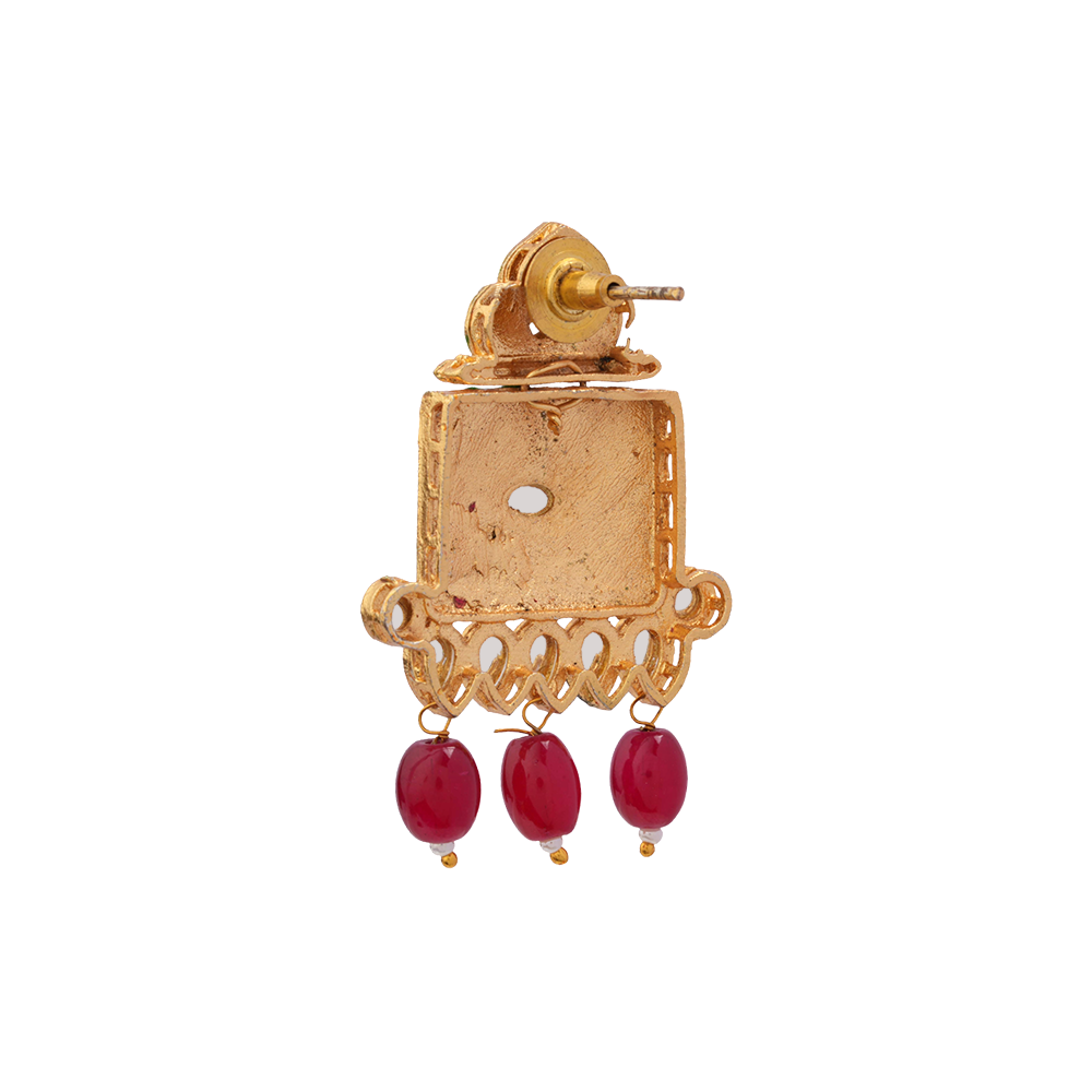 Ishani- Stone Studded Hanging Pearl Beaded Neckpiece Set (Red)