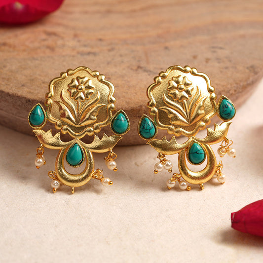 Ritika- Stone Studded Hanging Pearls Dangler Earrings(Green)