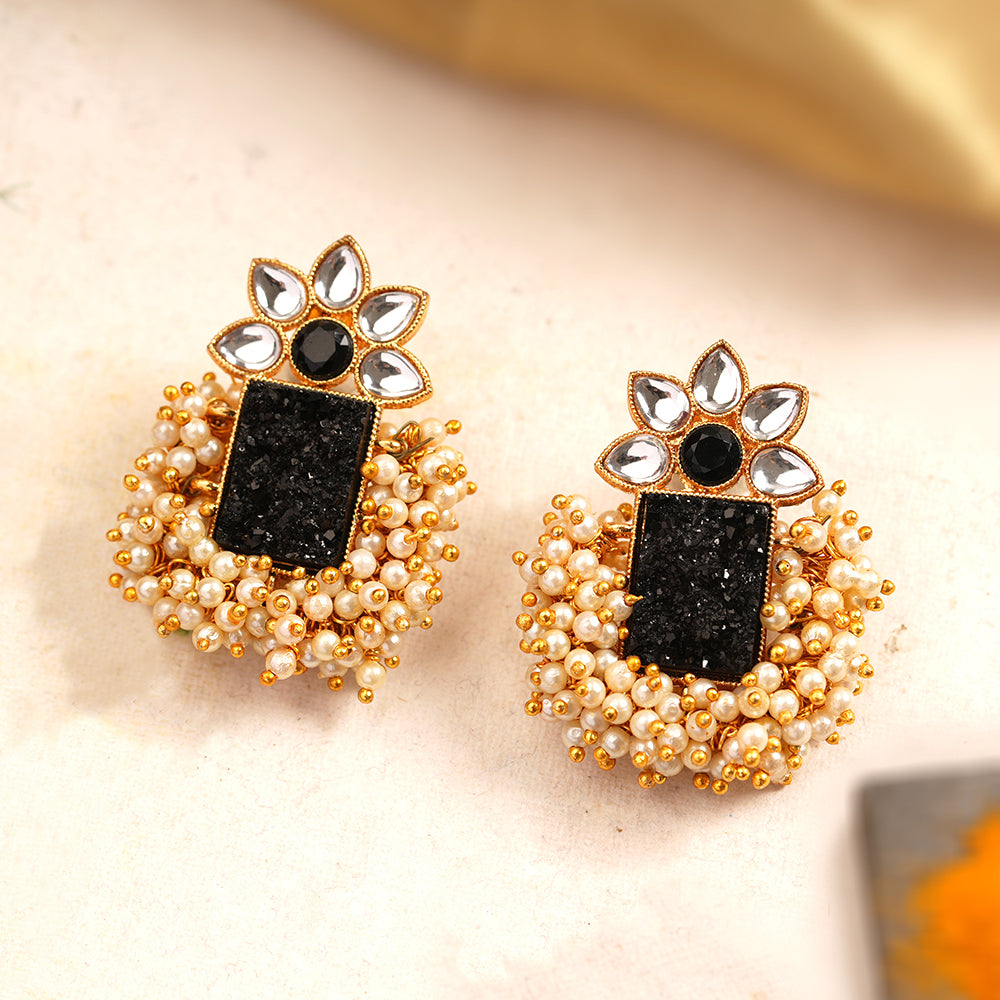 Mishka- Stone Studded Pearl Framed Stud Earrings