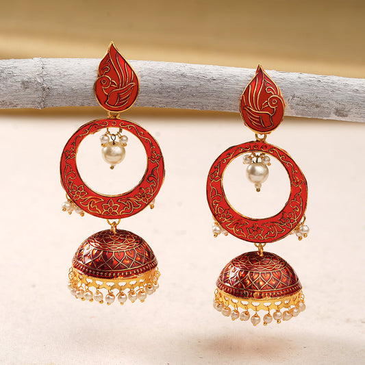 Heer- Stone Studded Hanging Pearl Jhumka Earrings (Red)