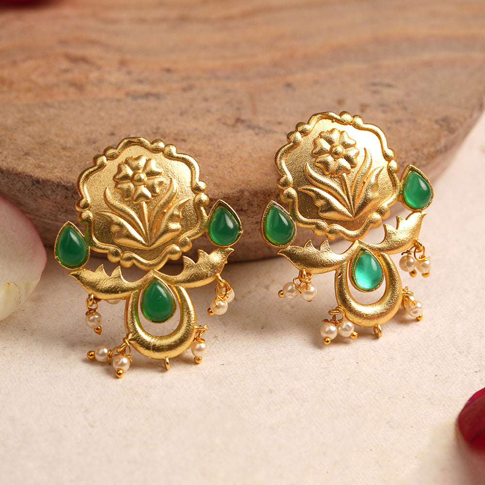 Ritika- Stone Studded Hanging Pearls Dangler Earrings(Dark Green)