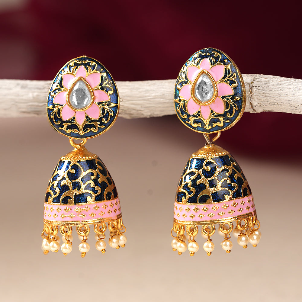 Advika- Stone Studded Hanging Pearls Jhumka Earrings(Blue)