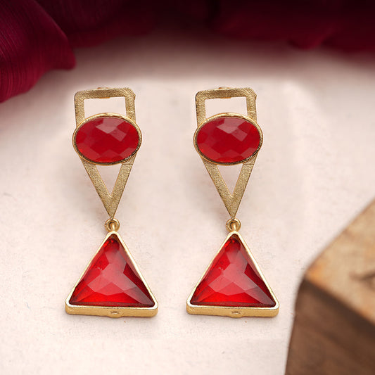 Anaya- Stone Studded Framed Dangler Earrings(Red)