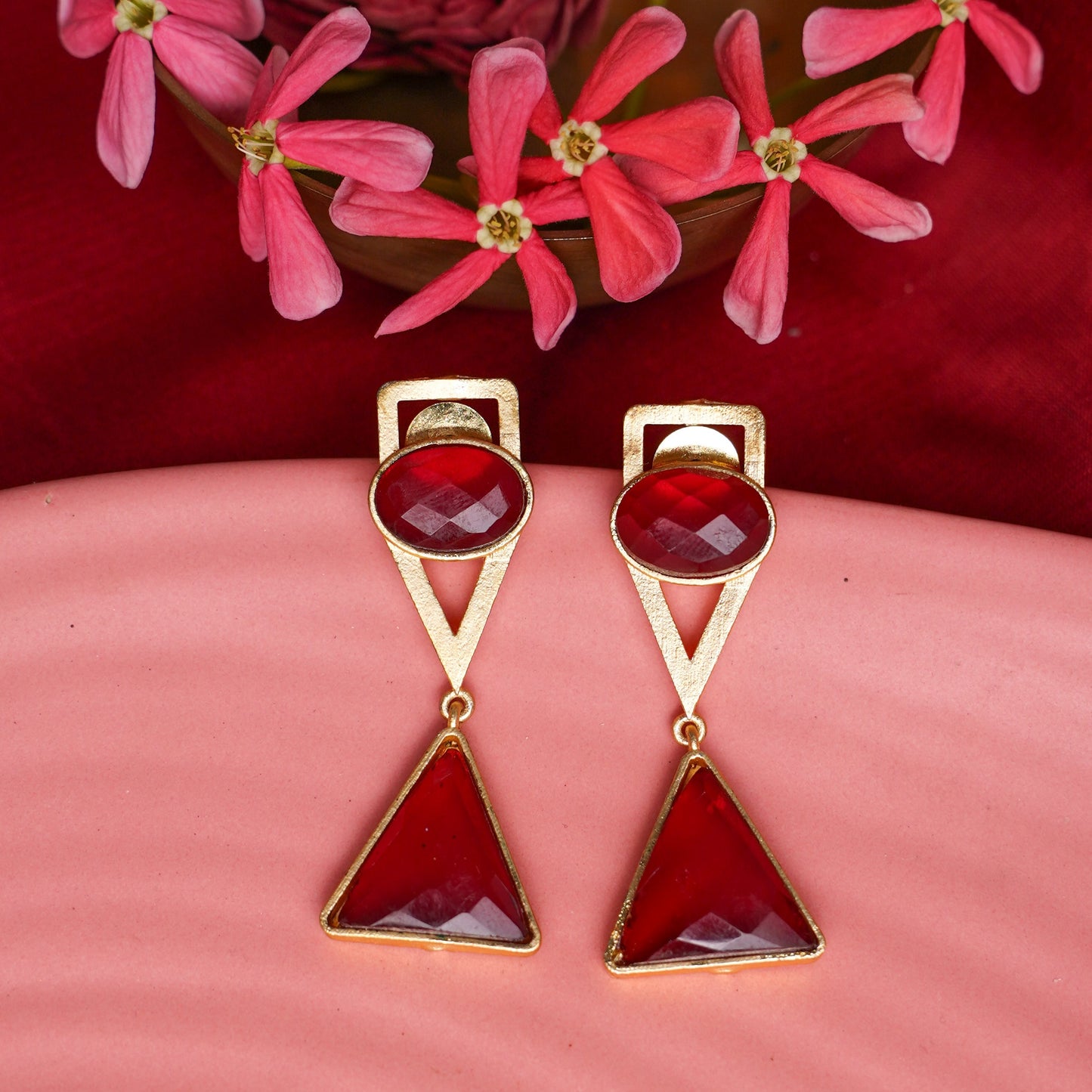 Anaya- Stone Studded Framed Dangler Earrings(Red)