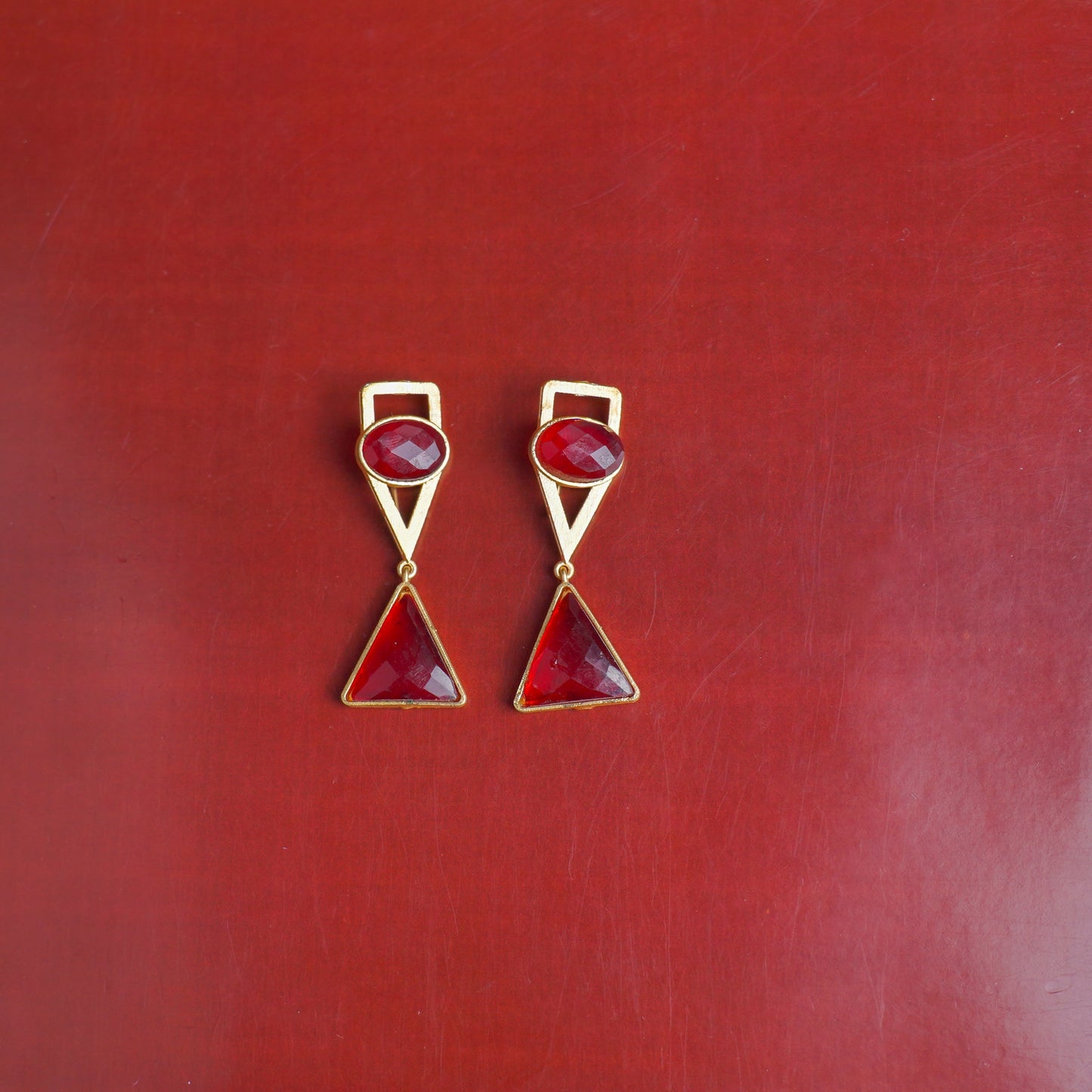 Anaya- Stone Studded Framed Dangler Earrings(Red)